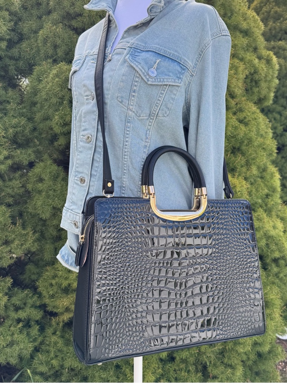 Black Croc-Embossed Structured Handbag with Gold Handle NWOT